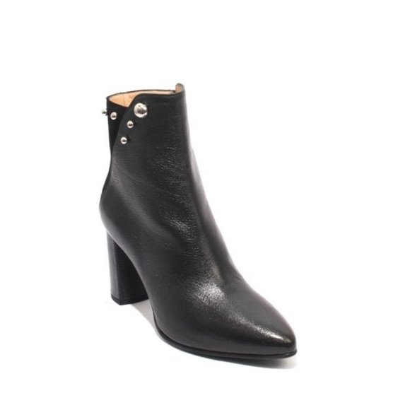 ITALIAN Black Leather Pointy Zip Heels Ankle Boots - Picture 1 of 8